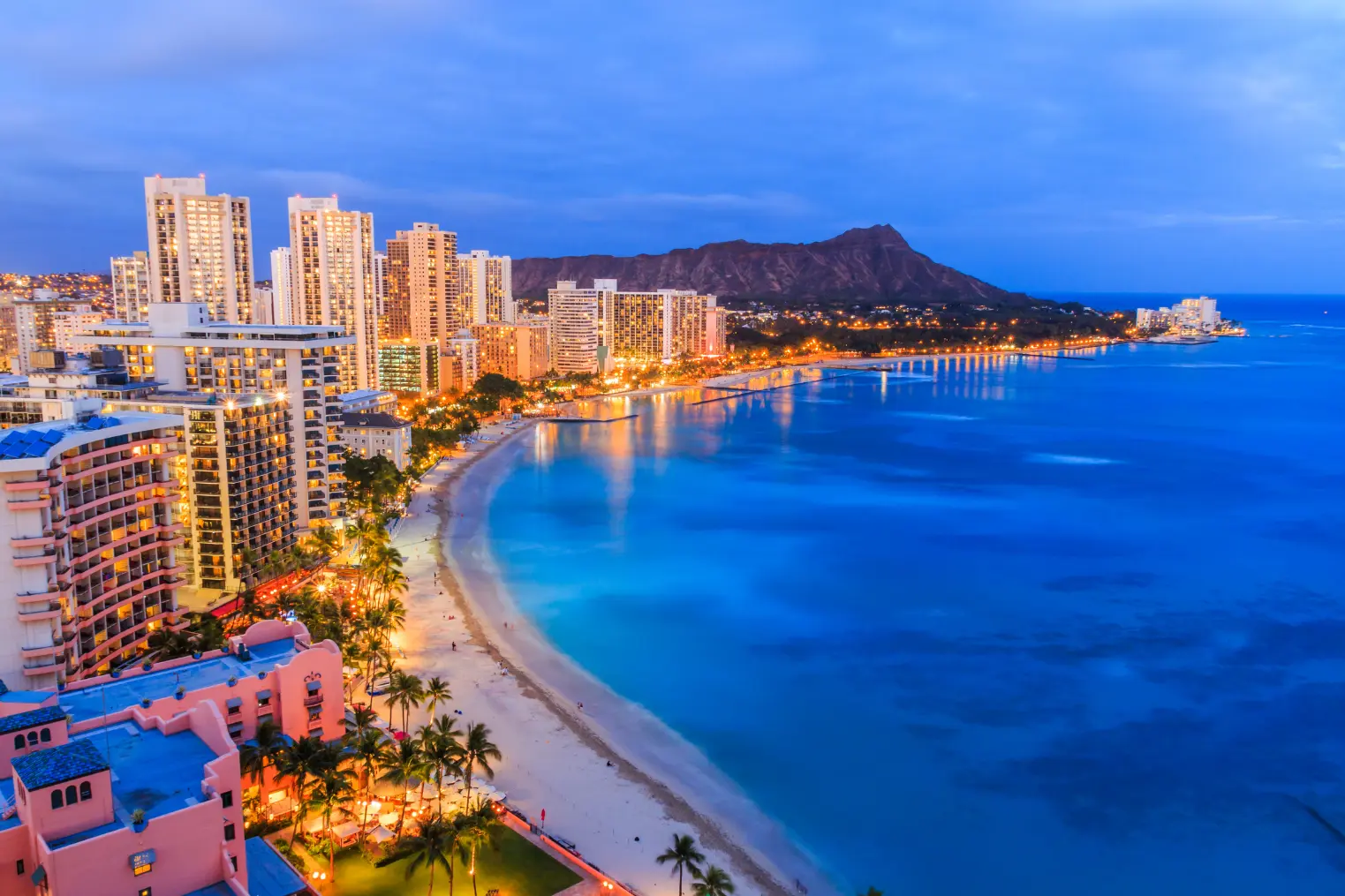 Aerial View of Waikiki Beach at Night
