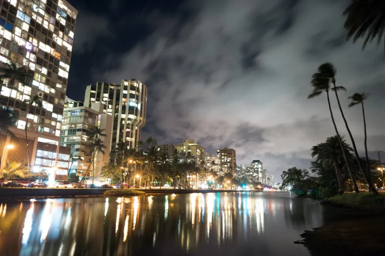 Buildings Along Kapahulu Avenue at Night