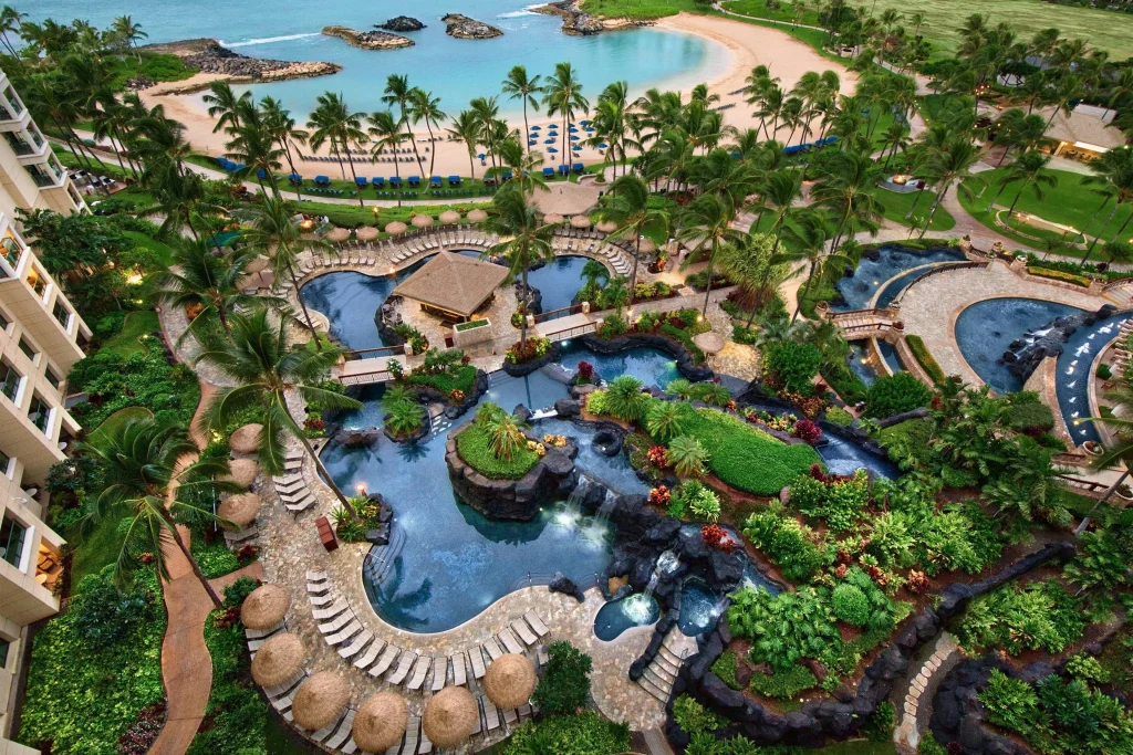 A photo of Marriott's Ko'Olina Beach Club showing the property and rooms.