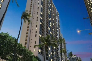 A photo of Waikiki Beach Condominiums showing the property and rooms.