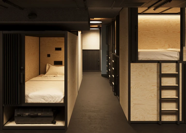 An image of the Podtel property and compact pod-style accommodations.